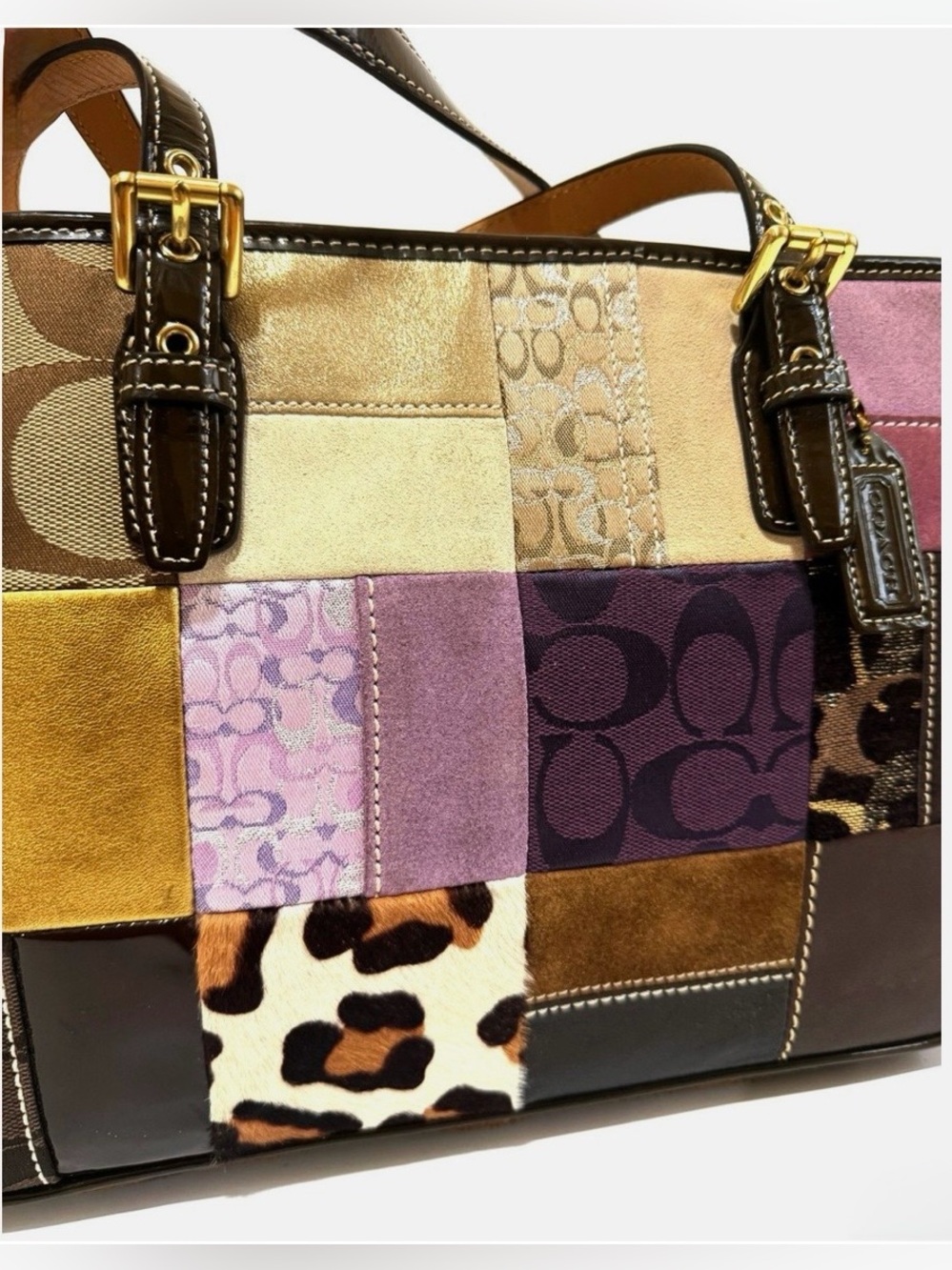 MINT COACH Y2K PURPLE HOLIDAY MULTI SIG PATCHWORK GALLERY TOTE BAG SATCHEL 9499 - Picture 3 of 7